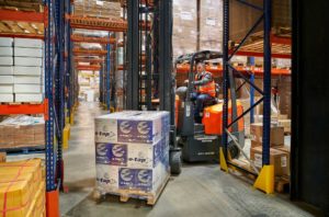 Forklift truck moving pallets