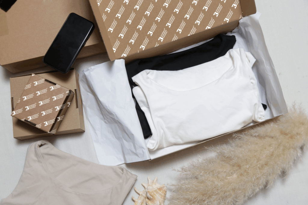 A cardboard mailing box filled with neatly folded black and white clothing, lined with white tissue paper. Next to it are additional branded cardboard boxes, a mobile phone and soft decorative items including pampas grass and seashells.