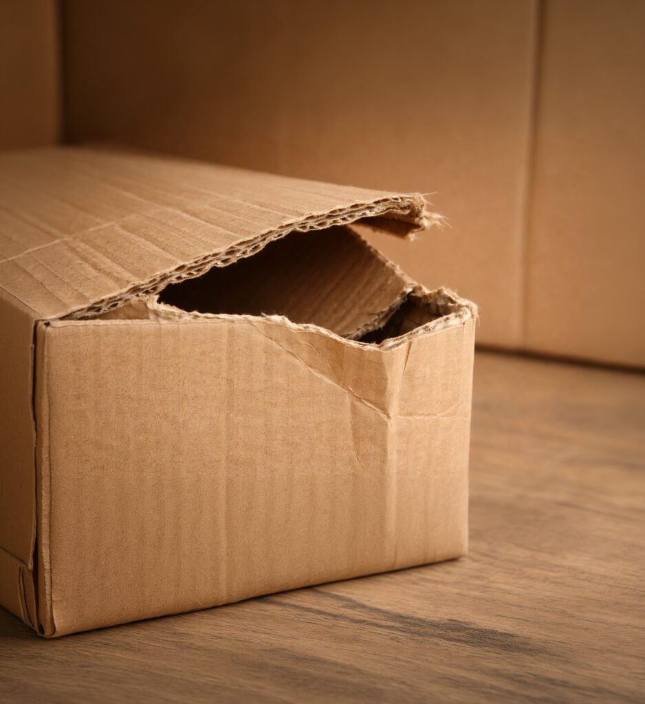 Damaged cardboard box with torn edges and an open flap, showing the impact of poor packaging quality