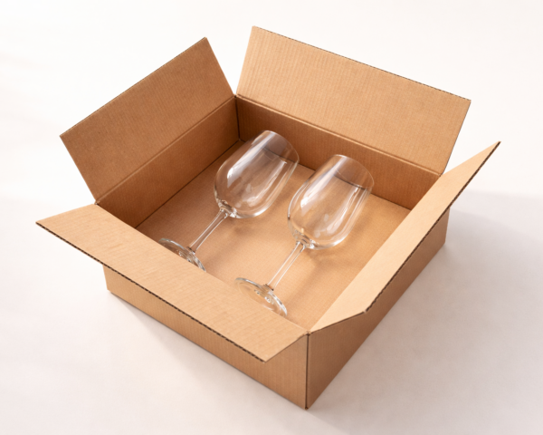 Open cardboard box containing two loose glass wine glasses with no internal protective packaging.