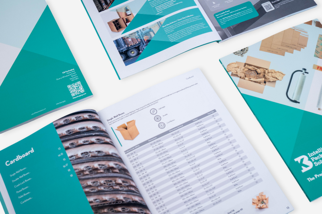KB Packaging catalogue displayed open on a desk, showcasing product information, packaging solutions, technical specifications and printed catalogue pages.