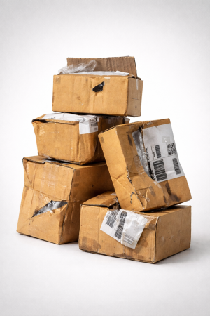 Stack of crushed and damaged cardboard boxes with torn labels, showing the impact of poor packaging on deliveries