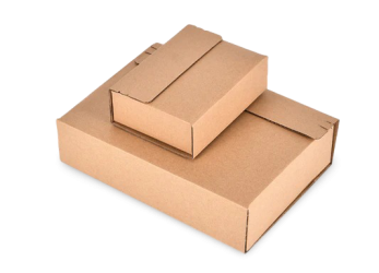 Two brown cardboard postal boxes in different sizes with tuck‑top lids, stacked to show scalable packaging options for shipping